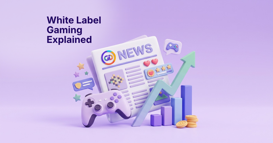 A 3D illustration titled "White Label Gaming Explained," featuring a news webpage integrated with a purple game controller, alongside a rising green arrow, a bar chart, and gold coins to represent the revenue growth driven by white label gaming.