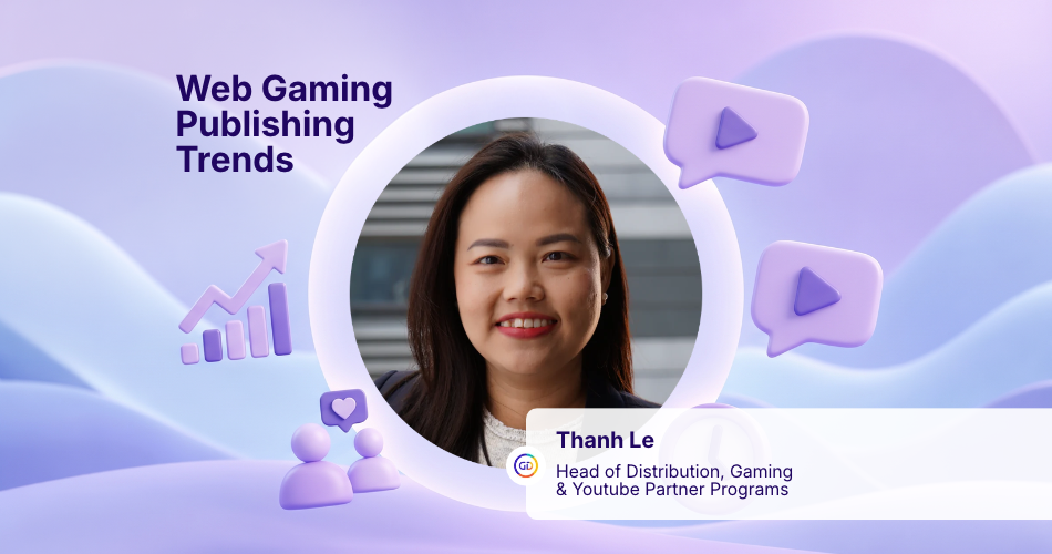 A purple presentation graphic titled "Web Gaming Publishing Trends" featuring a headshot of Thanh Le, surrounded by 3D icons of rising growth charts, audience figures, and media play buttons to highlight current strategies in web game publishing.
