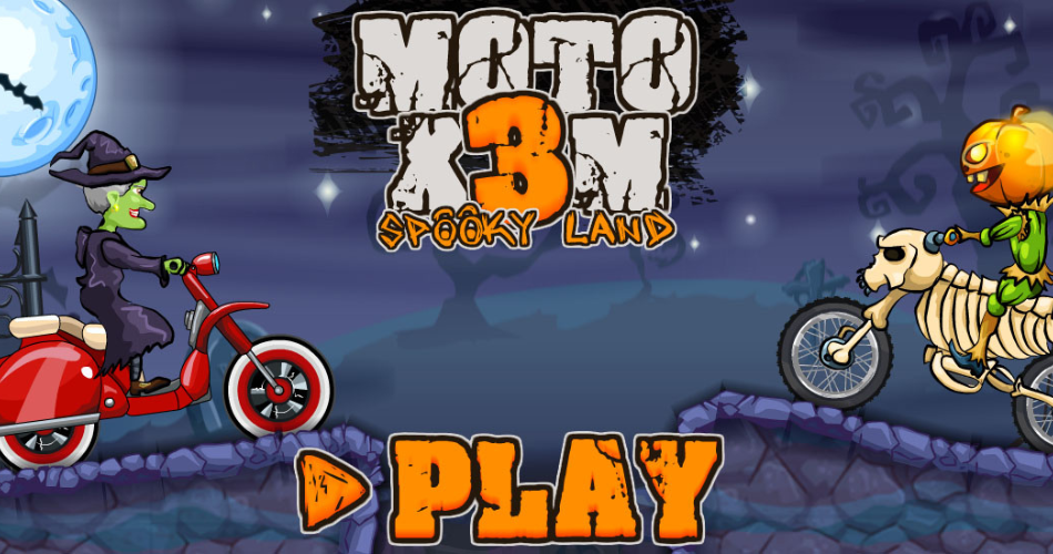 A spooky promotional graphic for Moto X3M Spooky Land featuring a witch and a pumpkin-headed skeleton racing on motorcycles under a full moon, highlighting it as one of the best games for halloween.