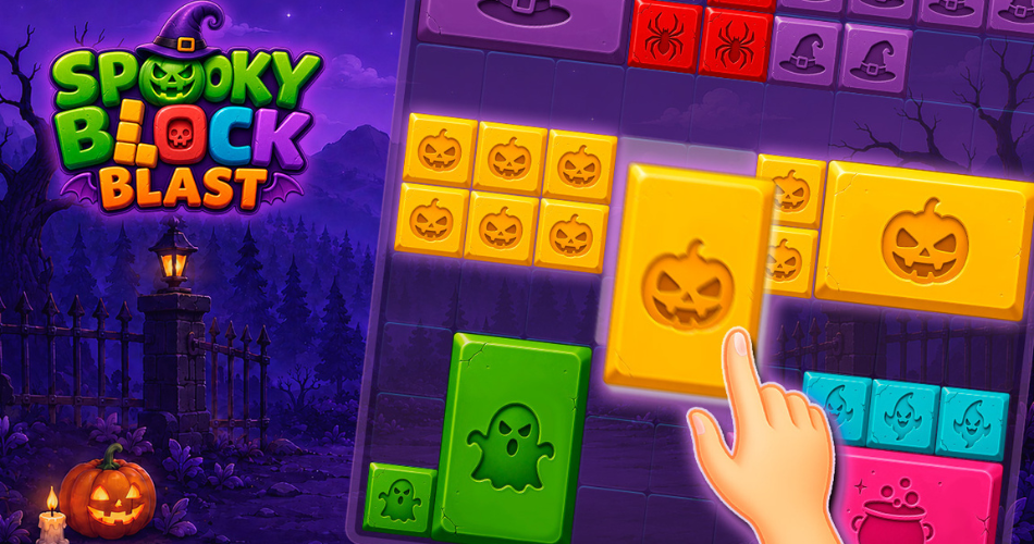 A promotional graphic for the puzzle game Spooky Block Blast, showing a hand placing a yellow pumpkin block onto a grid filled with other Halloween-themed tiles against a spooky nighttime forest background.