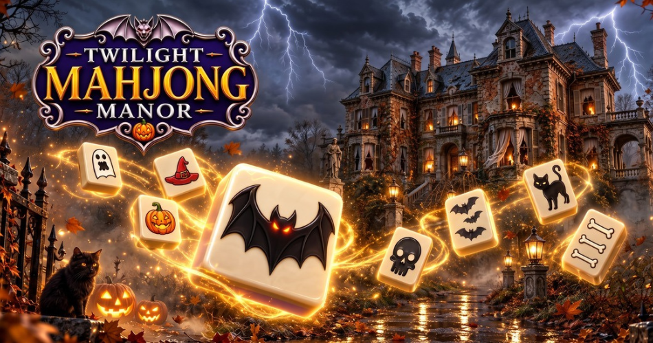 A promotional graphic for Twilight Mahjong Manor, featuring glowing mahjong tiles with spooky symbols like bats and ghosts floating in front of a detailed haunted mansion under a stormy, lightning-filled sky.
