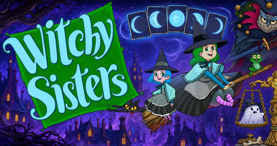 A colorful promotional graphic for the game Witchy Sisters, featuring light blue title text on a bright green angled banner. Two young witches with bright green and blue hair fly on a brown broomstick alongside a black cat and a green frog, set against a dark purple town with glowing yellow windows, floating blue moon phase cards, and a white ghost on a golden scale.