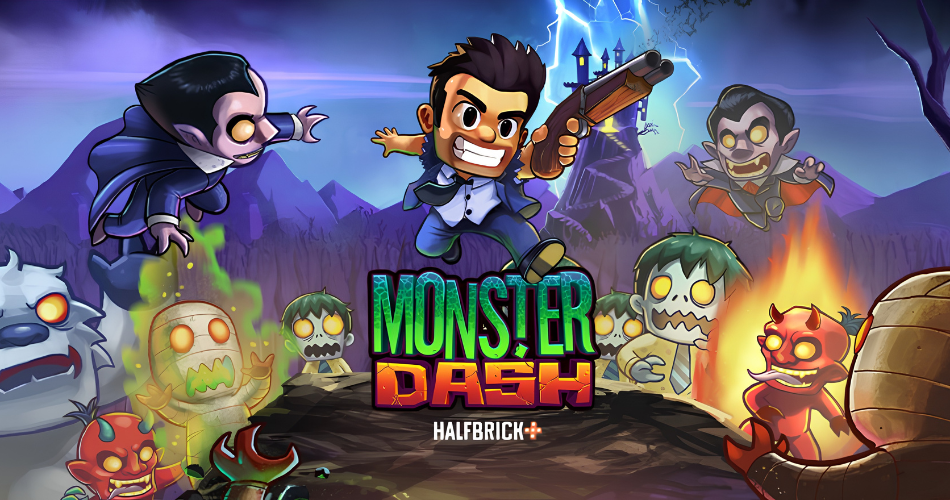 A colorful promotional graphic for the game Monster Dash by Halfbrick, featuring a man in a blue suit jumping with a brown shotgun above the bright green and orange game logo. He is surrounded by a white yeti, pale vampires wearing dark blue and red capes, a green mummy with glowing yellow eyes, green zombies, and a red demon engulfed in orange flames, all set against a dark castle illuminated by striking blue lightning in a deep purple sky.
